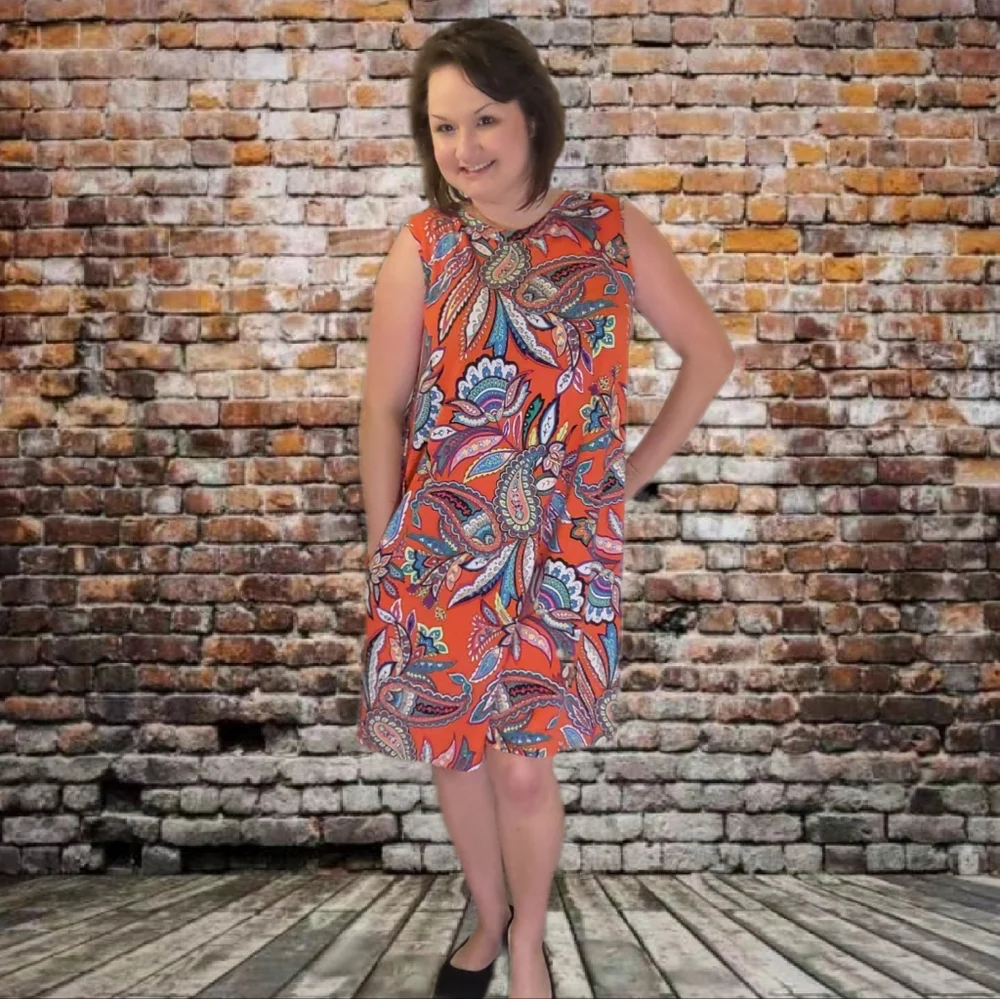 Apt 9 Paisley Dress Orange Coral Aqua Stretchy Pockets Loose Fit Casual D5 - Picture 10 of 13